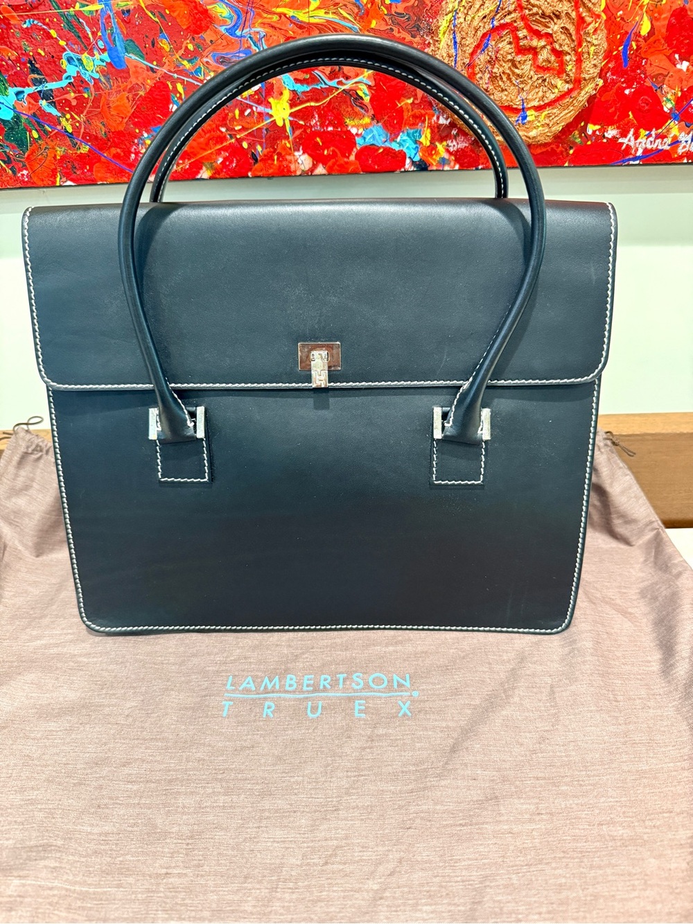 Lambertson Truex Black Leather Double Handle Structured Satchel